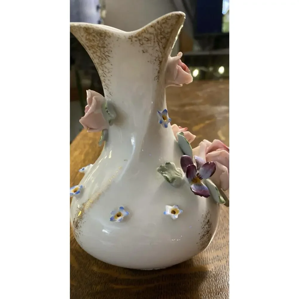 Lefton Hand-painted 6” Roses Gold Trim Blue Purple Flowers 6” Bud Vase